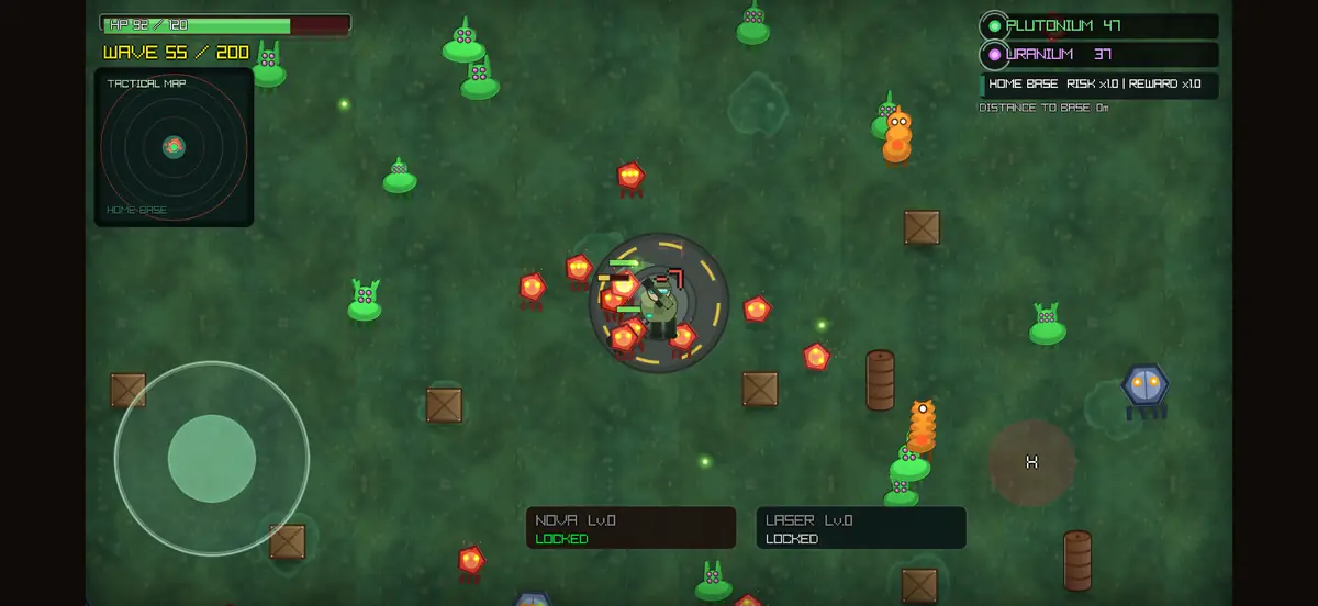 Survive Chernobyl gameplay: a mixed swarm of enemies approaching the turret